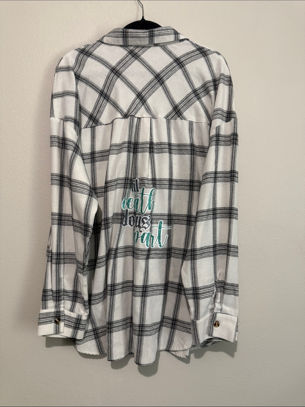Women's White & Black Plaid Button-Up Bride Shirt with “Till death do us part” - Picture 6 of 6